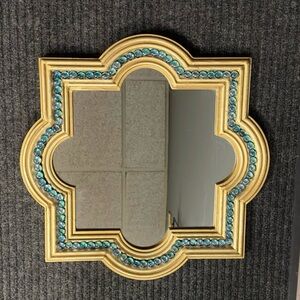 Vintage 90s Era Quatrefoil Gilt Wood and Blue Glass Accent Mirror 12”x 12”